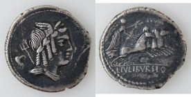 Repubblica Romana. Gens Julia. Lucius Julius Bursio. 85 a.C. Denario. Ag. D\ Testa di Apollo Vejovis a destra con due ali alle tempie. R\ L IVLI BVRSI...