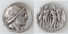 Repubblica Romana. Gens Memmia. L. Memmius. 109-108 a.C. Denario. Ag. D/ Testa maschile coronata da foglie di quercia verso destra, davanti una stella...