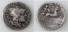 Repubblica Romana. Gens Poblicia. L. Licinius Crassus e Cn. Domitius Ahenobarbus con C. Malleolus C.f. Narbo. 118 a.C. Denario serrato. Ag. D/ Testa e...