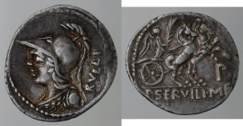 Repubblica Romana. Gens Servilia. Publius Servilius M.f. Rullus. 100 a.C. Denario. Ag. D/ RVLLI Busto di Pallade verso sinistra. R/  P SERVILI M F (Pu...