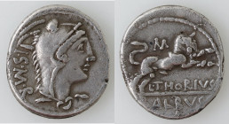 Repubblica Romana. Gens Thoria. L. Thorius Balbus. ca. 105 a.C. Denario. Ag. D/ Testa di Juno Sospita a destra, con pelle di capra; dietro I.S·M·R. R/...