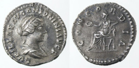 Impero Romano. Lucilla, moglie di Lucio Vero, deceduta nel 183 d.C. Denario. Ag. D/ LVCILLAE AVG ANTONINI AVG F. R/ CONCORDIA la Concordia con patera ...