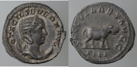 Impero Romano. Otacilia Severa, moglie di Filippo I. Deceduta nel 249. Antoniniano. Ag. D/ Testa diademata a destra. R/ Ippopotamo. R.I.C. 116. Peso g...