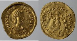 Impero Bizantino. Anastasio I. 491-518. Tremisse, Costantinopoli. Au. D/ DN ANASTASIVS PP AVG. Busto diademato, drappeggiato e corazzato a destra. R/ ...