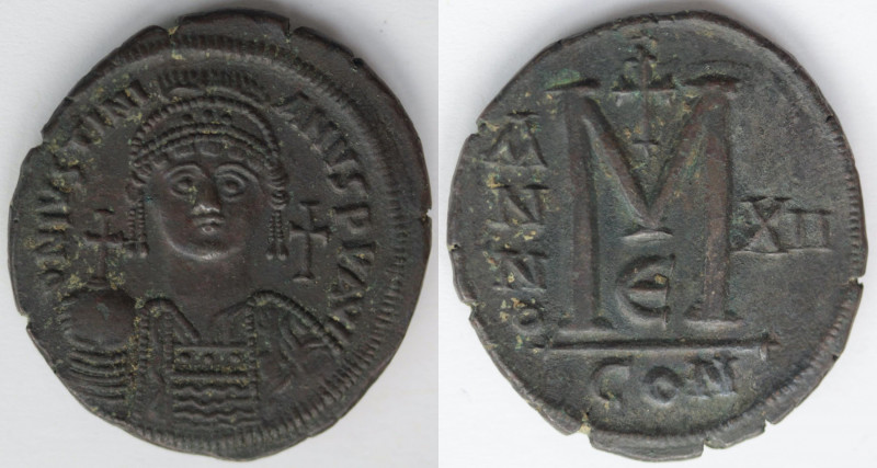 Impero Bizantino. Giustiniano I. 527-565. Follis, Costantinopoli. Ae. D/ D N IVS...