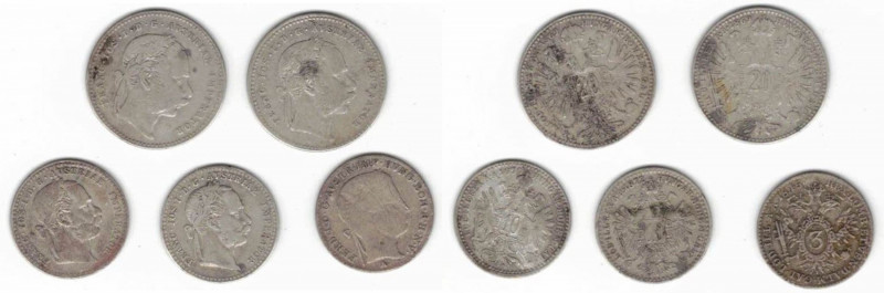 Monete Estere. Austria. Lotto di 5 pezzi. 20 Kreuzer 1869 2pz,10 Kreuzer 1870, 1...
