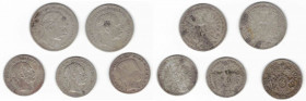 Monete Estere. Austria. Lotto di 5 pezzi. 20 Kreuzer 1869 2pz,10 Kreuzer 1870, 1872 (2 pz), 3 Kreuzer 1845. Ag. Mediamente qBB. (7422)