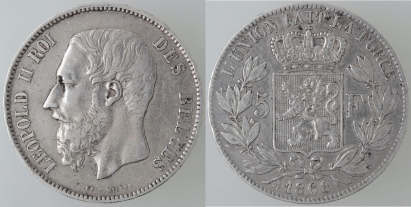 Monete Estere. Belgio. Leopoldo II. 1865-1909. 5 Franchi 1868. Ag. Km. 24. Peso ...