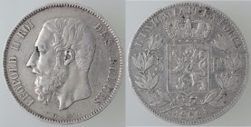 Monete Estere. Belgio. Leopoldo II. 1865-1909. 5 Franchi 1868. Ag. Km. 24. Peso gr. 24,87. Diametro mm. 37. BB+. (8122)