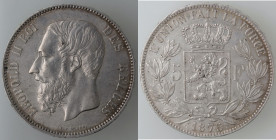 Monete Estere. Belgio. Leopoldo II. 1865-1909. 5 Franchi 1875. Ag. KM# 24. Peso 24,99 gr. Diametro 37 mm. BB+/qSPL. Segnetti al bordo.