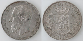 Monete Estere. Belgio. Leopoldo II. 1865-1909. 5 Franchi 1876. Ag. KM# 24. Peso 25,02 gr. Diametro 37 mm. qPL. (6222)