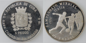 Monete Estere. Cuba. 5 Pesos 1989. Ag. Campionato Mondiale di Calcio. km#225.1. Peso 16,00 gr. Diametro 38mm. Proof. (3822)
