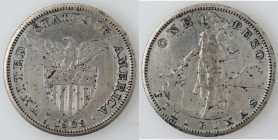 Monete Estere. Filippine. Peso 1909. Ag. KM# 172. Peso 19,80 gr. Diametro 35 mm. qSPL. Graffi da pulitura. (6222)