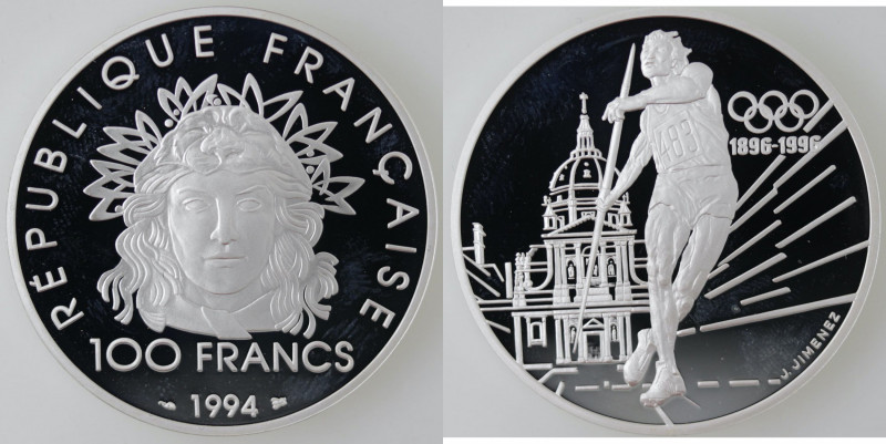 Monete Estere. Francia. 100 Franchi 1994. Ag. Olimpiadi. 100° anniversario - Gio...