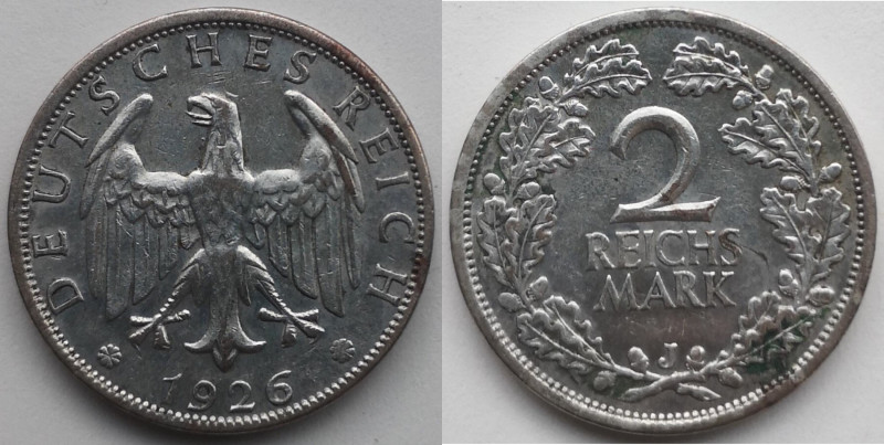 Monete Estere. Germania. Repubblica di Weimar. 2 Reichsmark 1926 J. Amburgo. Ag....
