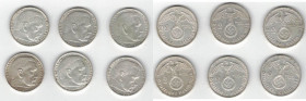 Monete Estere. Germania.Terzo Reich. 2 Reichmarks. Ag. Lotto di 6 Pezzi. 1937 A, 1938 A, E, G, 1939 A ,B. KM# 93. Mediamente BB. (7822)