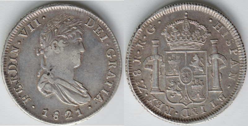 Monete Estere. Messico. Zacatecas. Ferdinando VII. 8 Reales 1821. ZS R.G. Ag. KM...