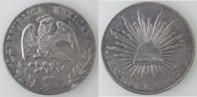 Monete Estere. Repubblica del Messico. 8 Reals 1894 R.S. Guanajuato. Ag. KM# 377. Peso 27,08 gr. Diametro 38.9 mm. SPL+-qFDC. Difetto del tondello al ...