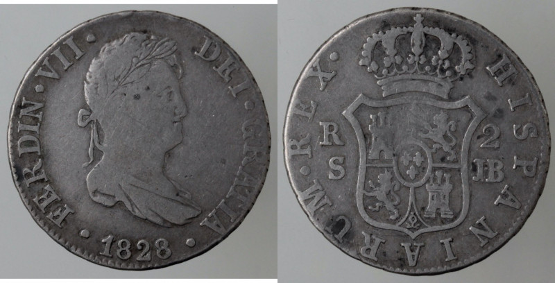 Monete Estere. Spagna. Ferdinando VII. 1808-1813. Siviglia. 2 Reales. R.S. 1828....