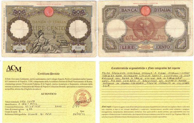 Cartamoneta. Regno d'Italia. Vittorio Emanuele III. 100 Lire Roma Guerriera Fasc...