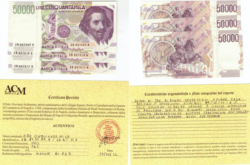 Cartamoneta. Repubblica Italiana. Lotto di 3 Banconote da 50000 lire Bernini 2° ...