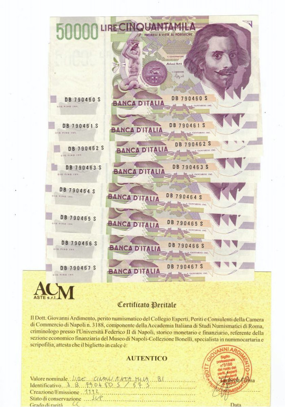 Cartamoneta. Repubblica Italiana. Lotto di 8 Banconote da 50000 lire Bernini 2° ...