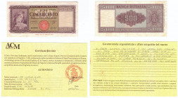 Cartamoneta. Repubblica Italiana. 500 Lire Italia. D.M. 23-03-1961. Gig.BI39C. qBB/BB. Perizia Ardimento. NC.