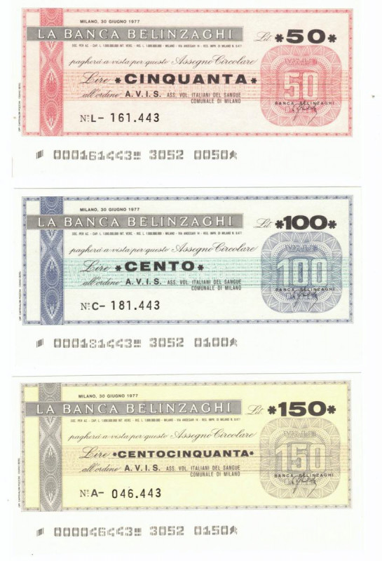 Cartamoneta. Miniassegni. Banca Belinzagni. Serie di 3 valori AVIS. Palermo BBEL...