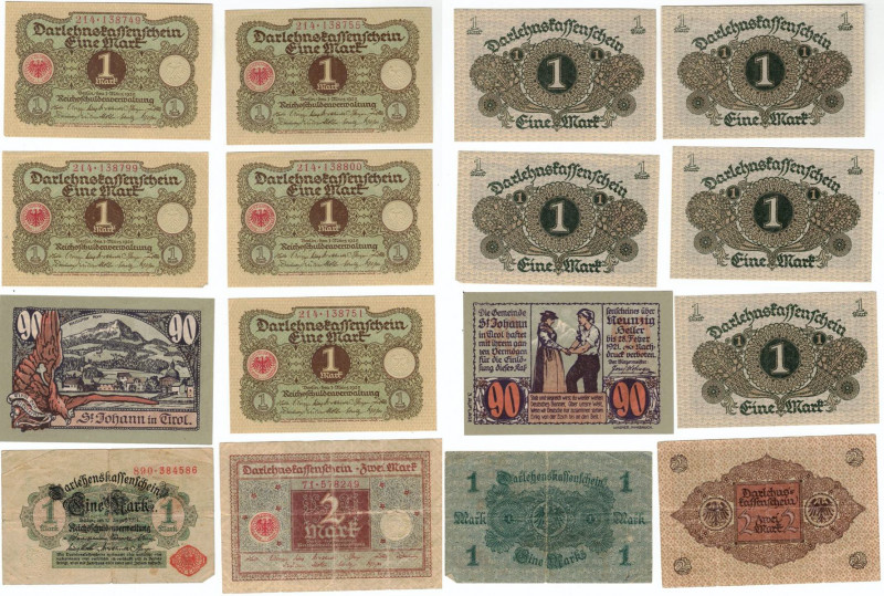 Cartamoneta Estera. Germania. Lotto di 8 pezzi. 1 Mark 1914, 1920, 90 Heller 192...