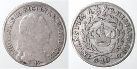 Zecche Italiane. Napoli. Ferdinando IV. 1759-1799. Tari' 1796. Ag. Mag. 283. Peso gr. 4,42. Diametro mm. 24. MB+/qBB. Da notare mancanza del trattino ...