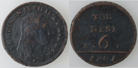 Zecche Italiane. Napoli. Ferdinando IV. 1799-1803. 6 Tornesi 1801. Ae. Mag. 384. Peso 15,44 gr. Diametro 34 mm. BB-BB+. (8222)