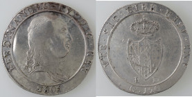 Zecche Italiane. Napoli. Ferdinando IV. 1804-1805. Piastra 1805. Capelli Lisci. Ag. Mag. 391. Peso 27,42 gr. Diametro 37 mm. BB+. (8222)
