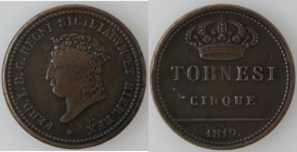 Zecche Italiane. Napoli. Ferdinando I. 1816-1825. 5 Tornesi 1819. Ae. Mag. 456. Peso 15,54 gr. Diametro 31 mm. BB-BB+. NC. (8222)