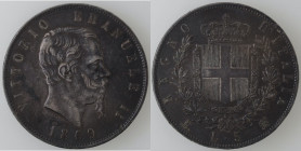 Casa Savoia. Vittorio Emanuele II. 1861-1878. 5 Lire 1869 Milano. Ag. Gig. 48. Peso gr. 25,01. Diametro mm. 37. BB+. Colpetti al bordo. Patina. NC.