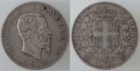 Casa Savoia. Vittorio Emanuele II. 1861-1878. 5 Lire 1874 Milano. Ag. Gig. 48. Peso gr. 24,89. Diametro mm. 37. BB. Colpetto al bordo.