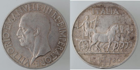 Casa Savoia. Vittorio Emanuele III. 1900-1943. 20 Lire 1936, A. XIV. Ag. Gig. 45. BB+/qSPL. Peso gr. 20. Diametro mm. 35,50. Colpetto al bordo, graffi...