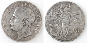 Casa Savoia. Vittorio Emanuele III. 1900-1943. 5 lire 1911 Cinquantenario. Ag. Gig. 19. Peso gr. 24,95. Diametro mm. 37,50. BB+. Segno sul bordo a ore...
