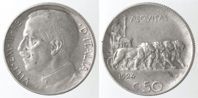 Casa Savoia. Vittorio Emanuele III. 1900-1943. 50 Centesimi Leoni 1924 Rigato. N...