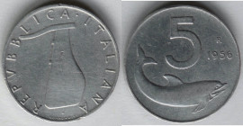 Repubblica Italiana. 5 lire 1956. It. Gig 287. Peso gr. 1,00. BB. Colpi al bordo. RR.