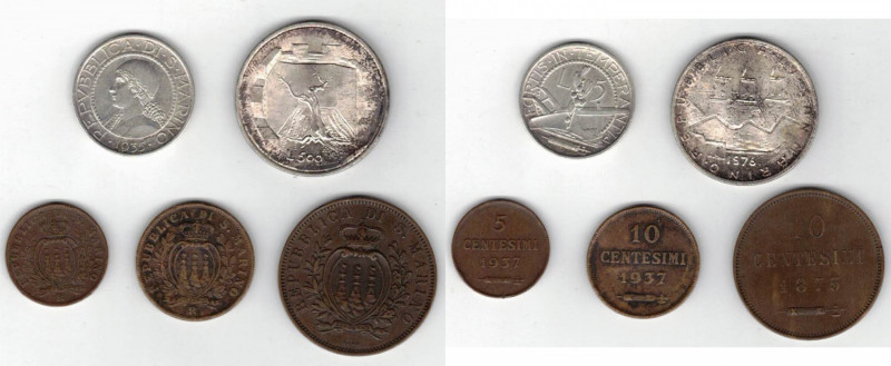 San Marino. Lotto di 5 Pezzi. 5 Lire 1935 Ag., 500 Lire 1976 Ag., 10 Centesimi 1...