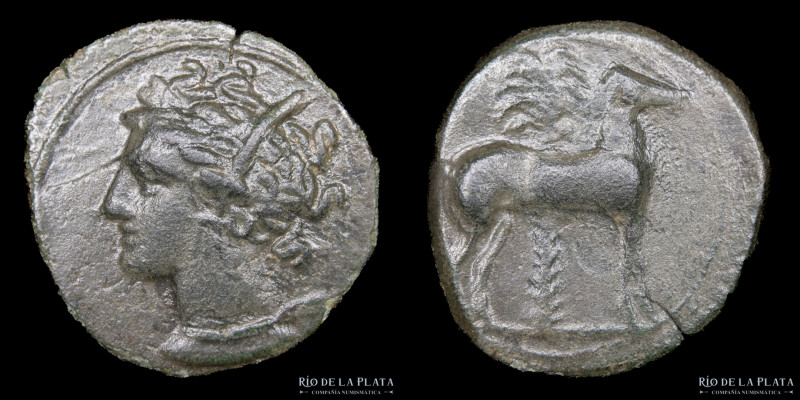 Zeugitania (Cartago) AE Unidad 400-350AC. 16.0mm; 2.30g. A: Cabeza de Tanit a iz...