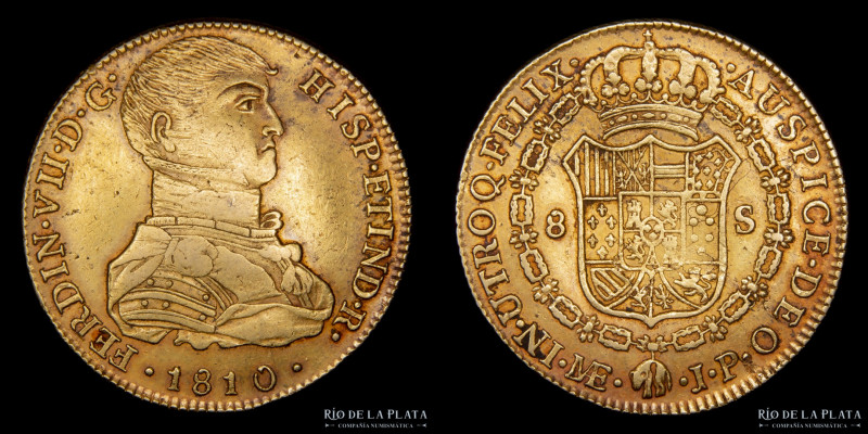 Lima. Fernando VII (1808-1833) 8 Escudos 1810 JP. Busto indígena. Escasa. AU.875...