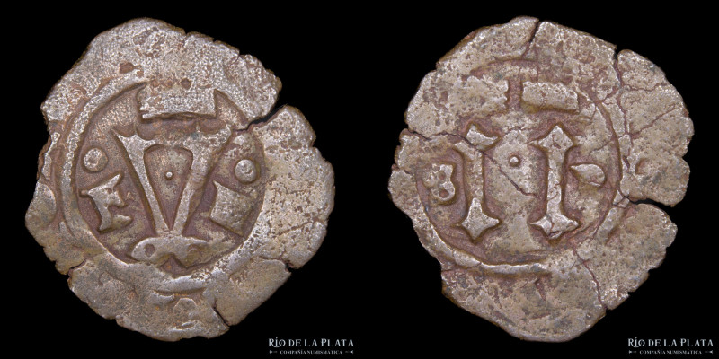 Santo Domingo. Carlos y Juana. 4 Maravedis 1516-66. Ensayador F. CU; 25.2mm; 2.8...