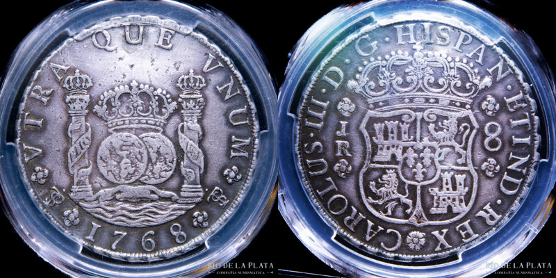 Potosí. Carlos III (1759-1788) 8 Reales 1768 JR PTS (Tipo Columnario 1767 a 1770...