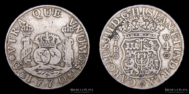 Potosí. Carlos III (1759-1788) 4 Reales 1770 JR (José Vargas y Flor y Raimundo d...