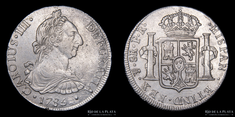 Potosí. Carlos III (1759-1789) 8 Reales 1785 PR (Pedro Mazondo, Raymundo de Ytur...