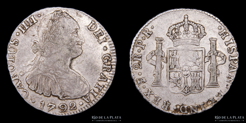 Potosí. Carlos IV (1788-1808) 2 Reales 1792 PR. Busto grande, escasa AG.896; 27....