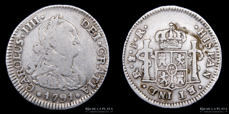 Potosí. Carlos IV (1788-1808) 1/2 Real 1791 PR. AG.896; 16.5mm; 1.59g. CJ 79.1. ...