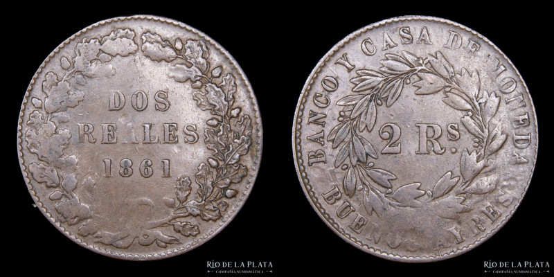 Argentina. Buenos Aires. 2 Reales 1861. CU, 31.9mm; 7.07g. Acuñada durante el pr...