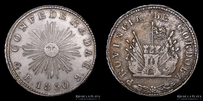 Argentina. Córdoba. 4 Reales 1850. Sol chico. AG.750; 31.0mm; 12.53g. CJ 58.1.3 ...